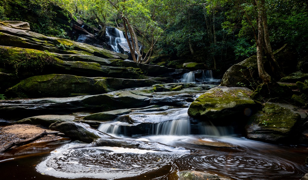 Rockpools flowing with water from the cascades, Somersby Falls, Brisbane Water National Park. Credit: Kerry Dwyer &copy; DCCEEW