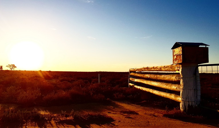 An old fence and gate at sunset, Kalyarr National Park. Photo: Samantha Ellis © DPIE