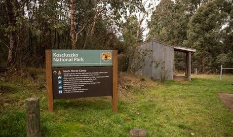 Park signage beside a shelter at Geehi horse camp, Kosciuszko National Park. Photo: Robert Mulally © Robert Mulally