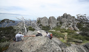 A trio of hikers rest at Porcupine Rocks, near Perisher, in Kosciuszko National Park. Photo: Elinor Sheargold © OEH