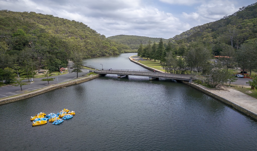 Aerial view of Bobbin Head picnic area, Ku-ring-gai Chase National Park. Photo: John Spencer &copy; DCCEEW