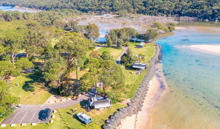 An aerial view of Bonnie Vale campground and parking in Royal National Park. Photo: Andrew Elliot &copy; DPE