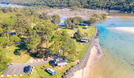 An aerial view of Bonnie Vale campground and parking in Royal National Park. Photo: Andrew Elliot &copy; DPE