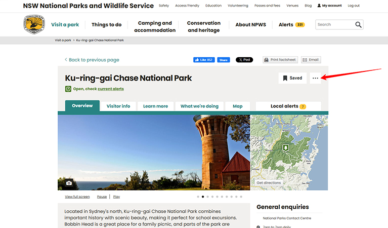 Screenshot demonstrating where the 'subscribe' option is, next to the 'save' option on a park webpage.