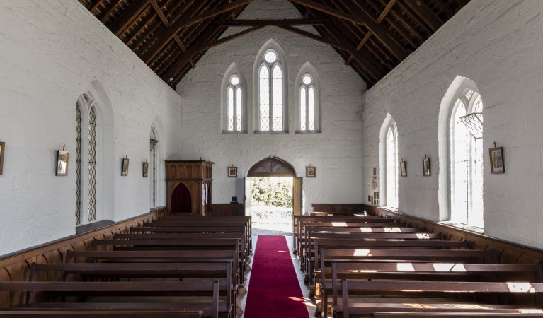The interior of St Bernard's Church looking towards the main door in Hartley Historic Site. Photo: Jennifer Leahy &copy; DPIE